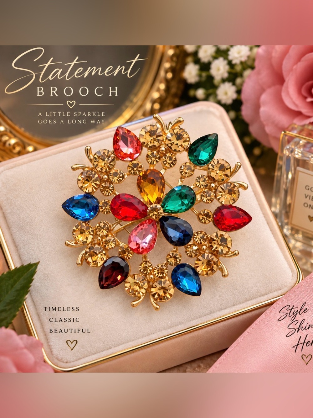 Gold Multicolor Crystal Statement Brooch - Women Jewelry